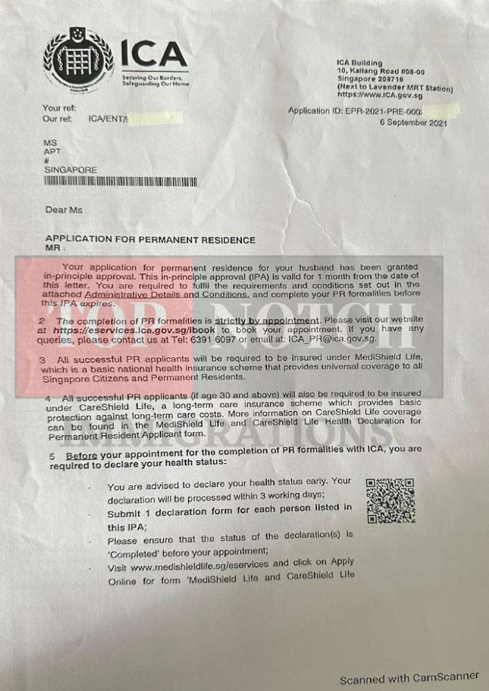 Singapore PR Application Specialist IPA Letter